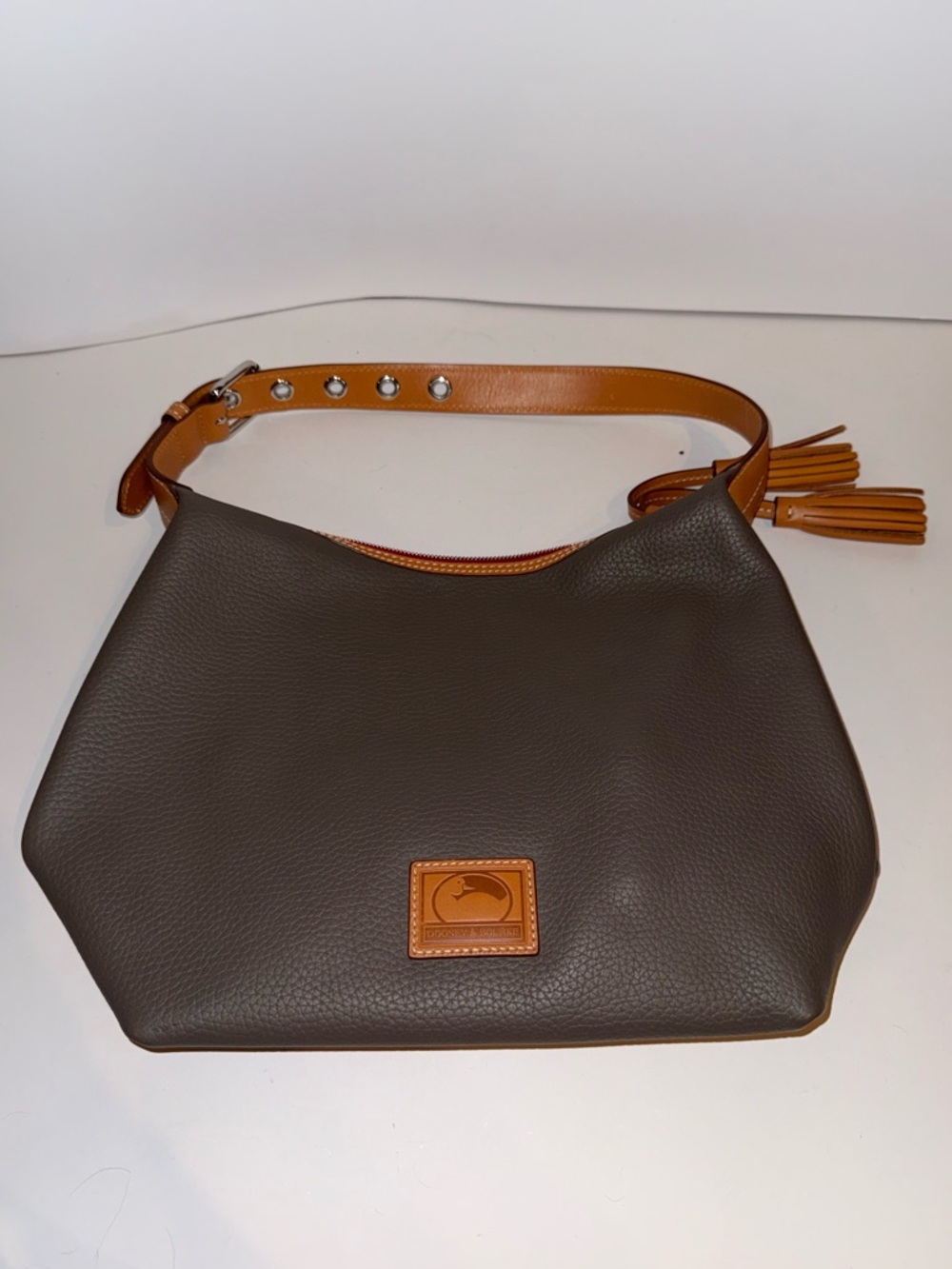 Dooney & Bourke Brown Pebble Leather Shoulder Bag with Tan Trim